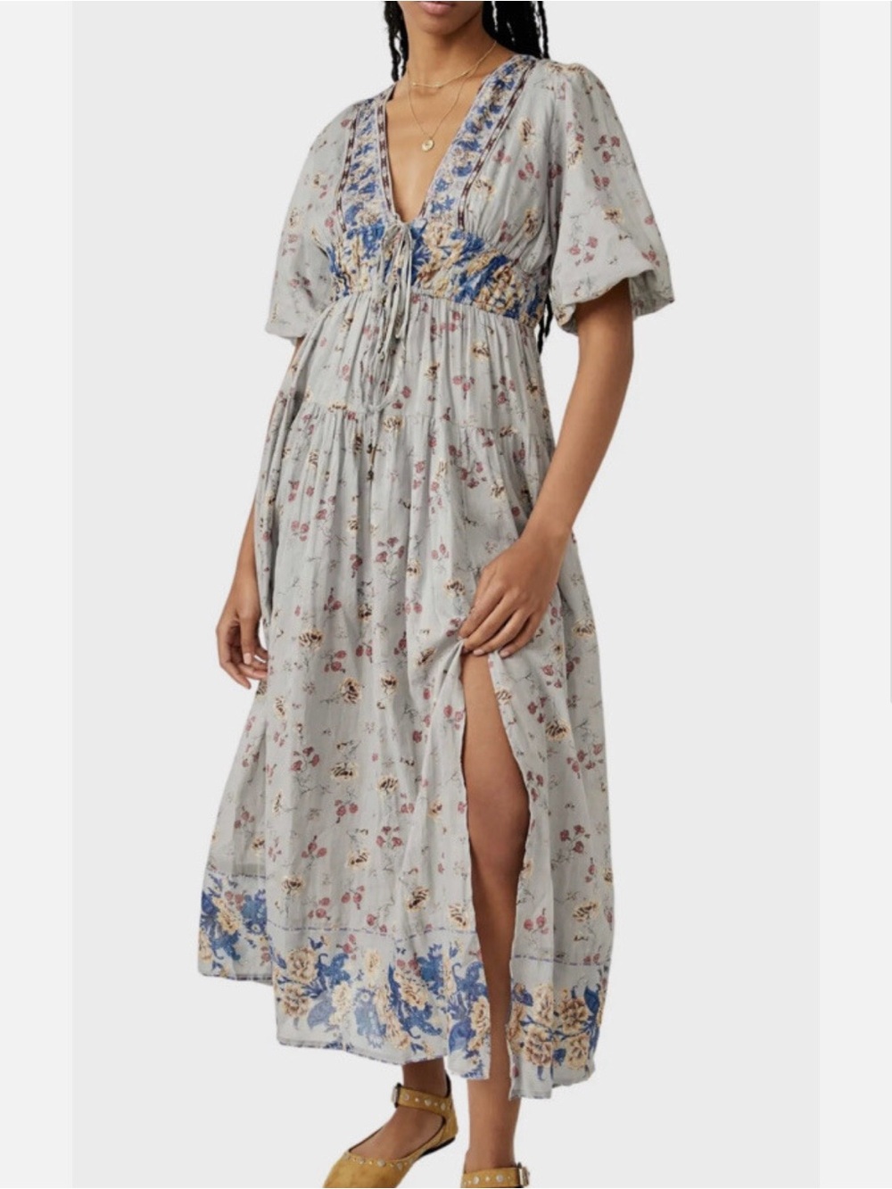 Free People LYSETTE MAXI DRESS Bluebell Combo Boho Cottage Core W/ Slit Small